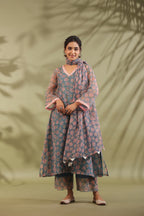 A-line Printed Kota Doria Kurta With Pintex, Suit Set Of 3