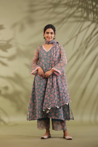 A-line Printed Kota Doria Kurta With Pintex, Suit Set Of 3