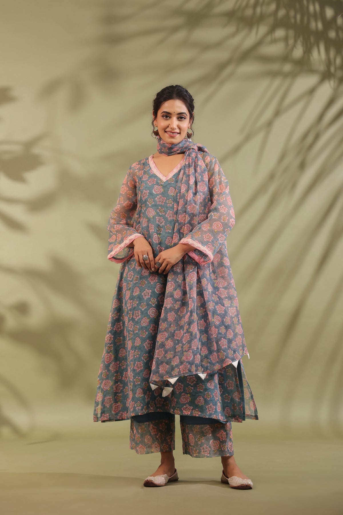 A-line Printed Kota Doria Kurta With Pintex, Suit Set Of 3