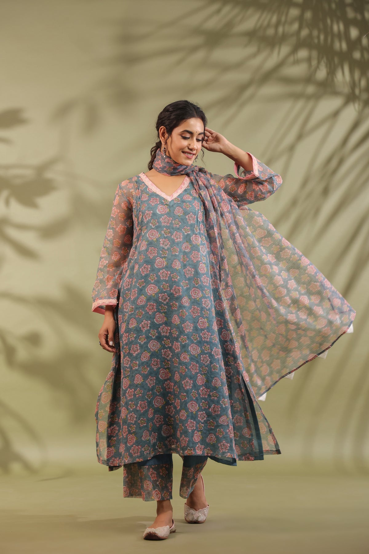 A-line Printed Kota Doria Kurta With Pintex, Suit Set Of 3