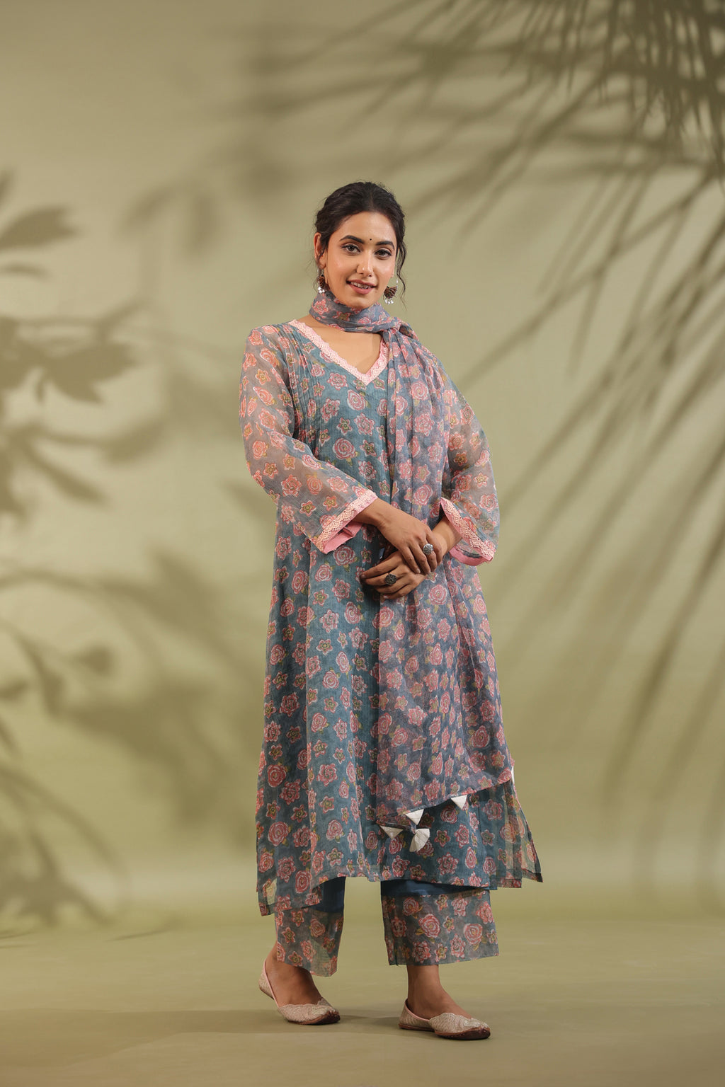 A-line Printed Kota Doria Kurta With Pintex, Suit Set Of 3