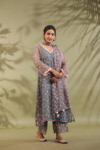 A-line Printed Kota Doria Kurta With Pintex, Suit Set Of 3