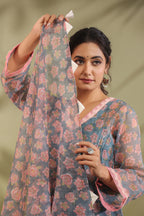 A-line Printed Kota Doria Kurta With Pintex, Suit Set Of 3