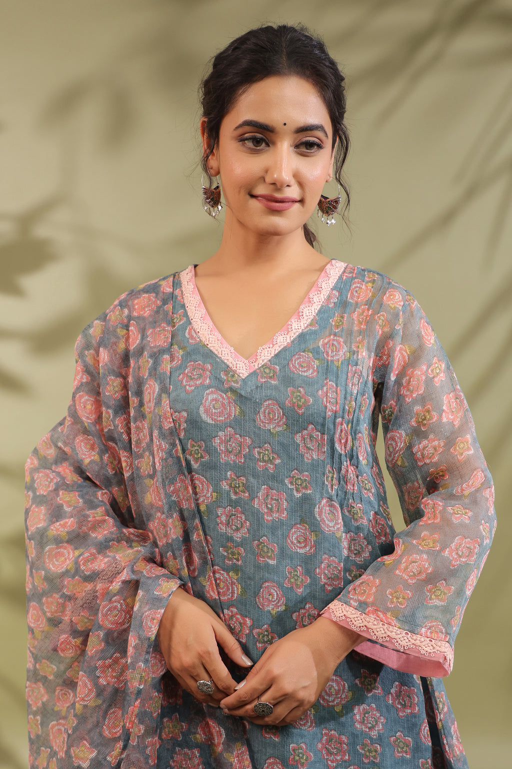 A-line Printed Kota Doria Kurta With Pintex, Suit Set Of 3