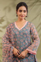 A-line Printed Kota Doria Kurta With Pintex, Suit Set Of 3