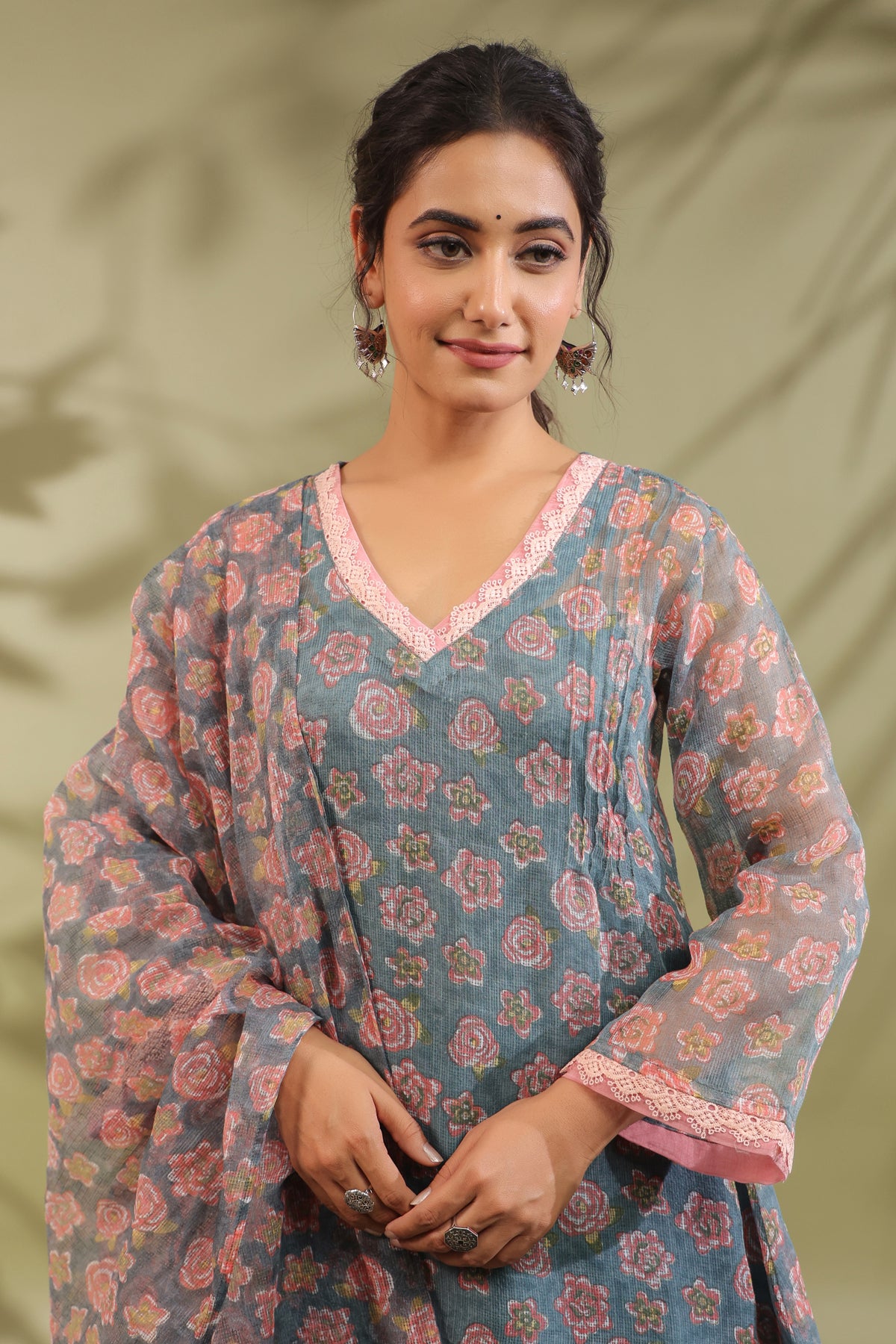 A-line Printed Kota Doria Kurta With Pintex, Suit Set Of 3