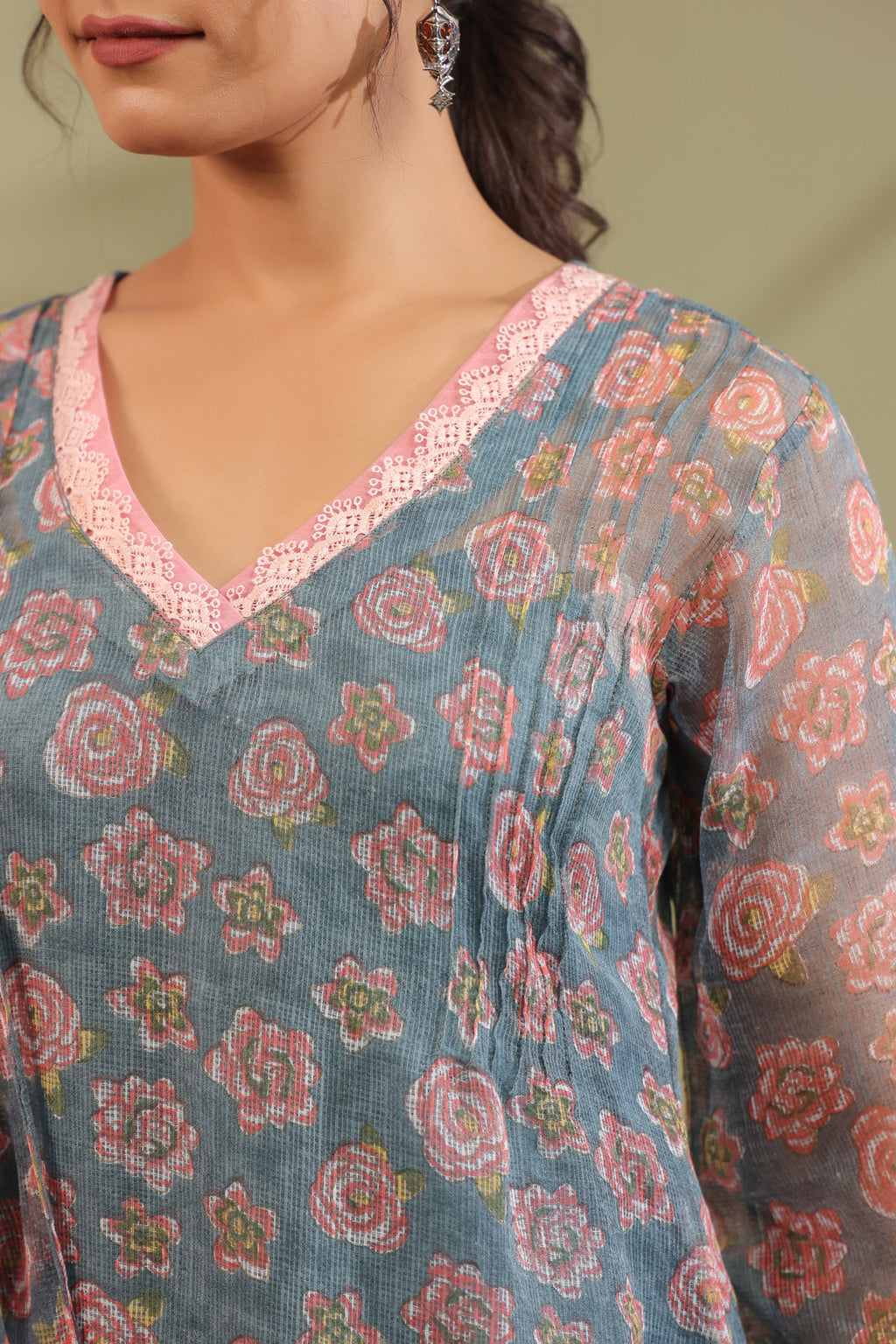 A-line Printed Kota Doria Kurta With Pintex, Suit Set Of 3