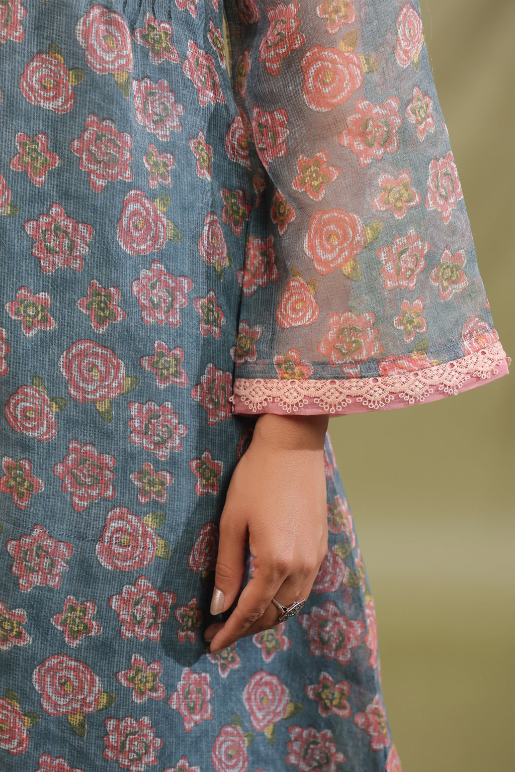 A-line Printed Kota Doria Kurta With Pintex, Suit Set Of 3