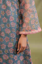 A-line Printed Kota Doria Kurta With Pintex, Suit Set Of 3