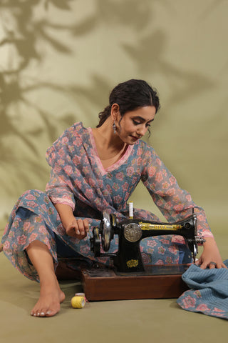 A-line Printed Kota Doria Kurta With Pintex, Suit Set Of 3