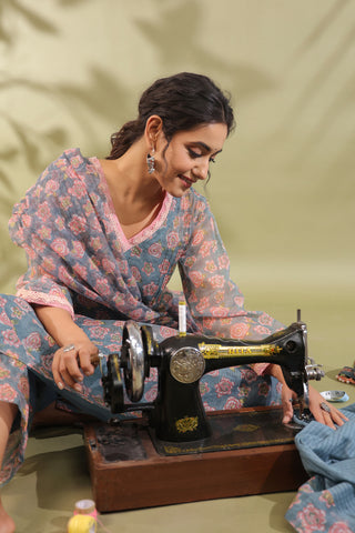 A-line Printed Kota Doria Kurta With Pintex, Suit Set Of 3