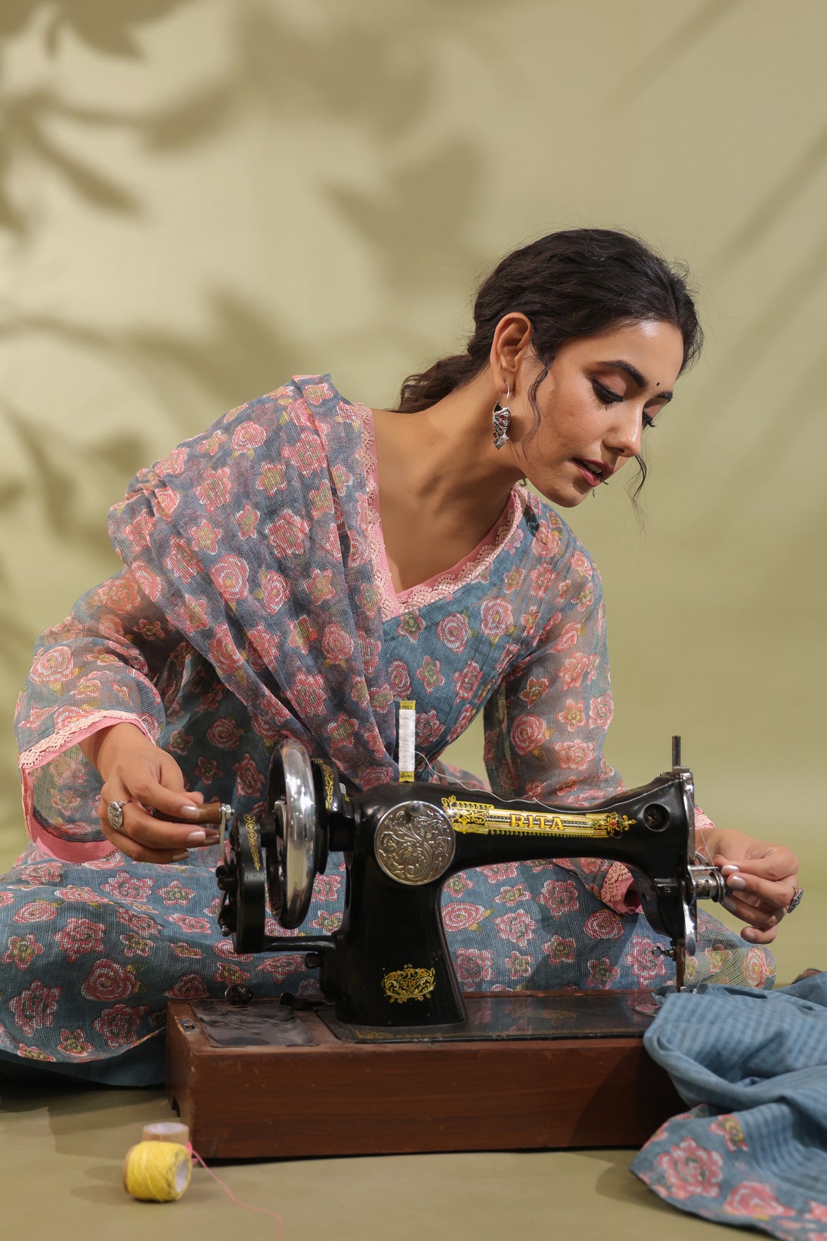 A-line Printed Kota Doria Kurta With Pintex, Suit Set Of 3