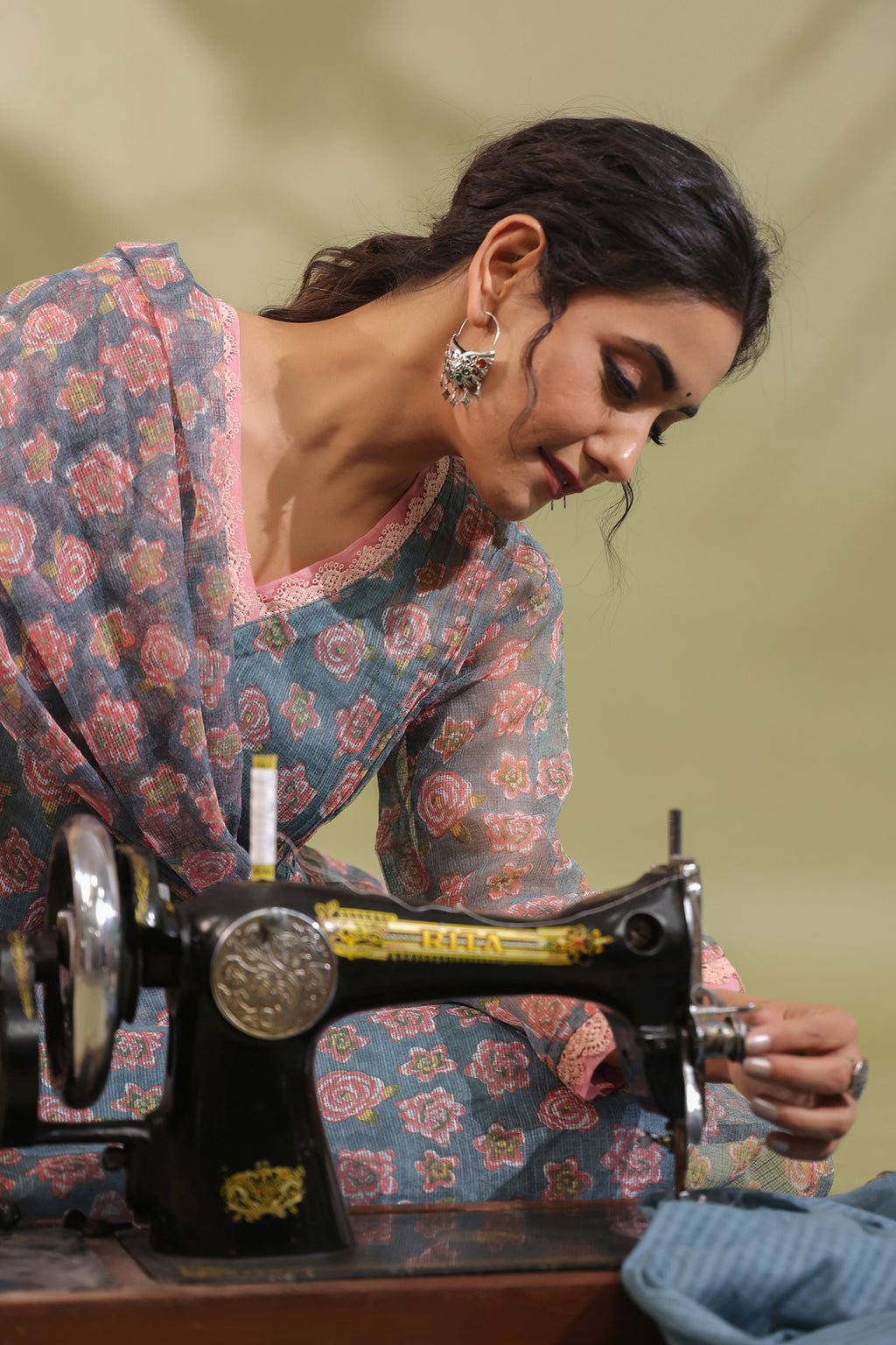 A-line Printed Kota Doria Kurta With Pintex, Suit Set Of 3