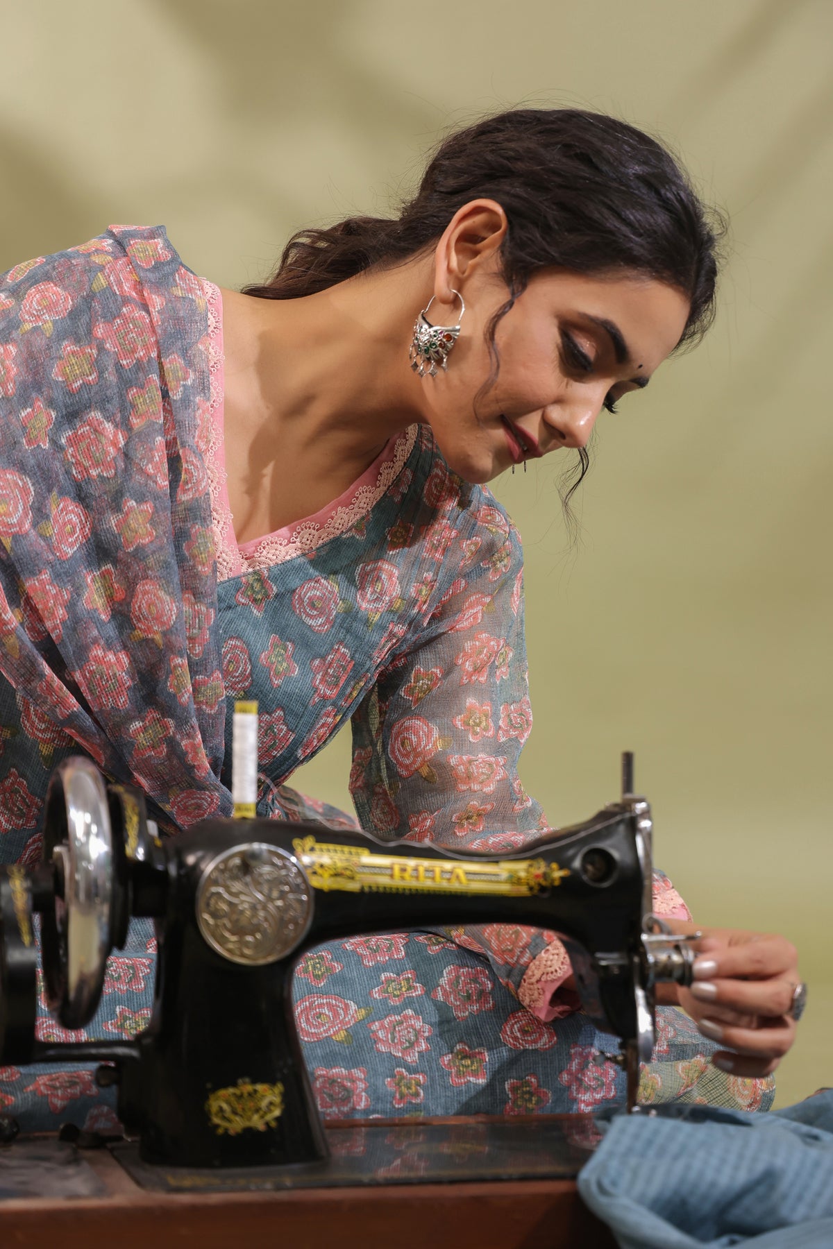 A-line Printed Kota Doria Kurta With Pintex, Suit Set Of 3