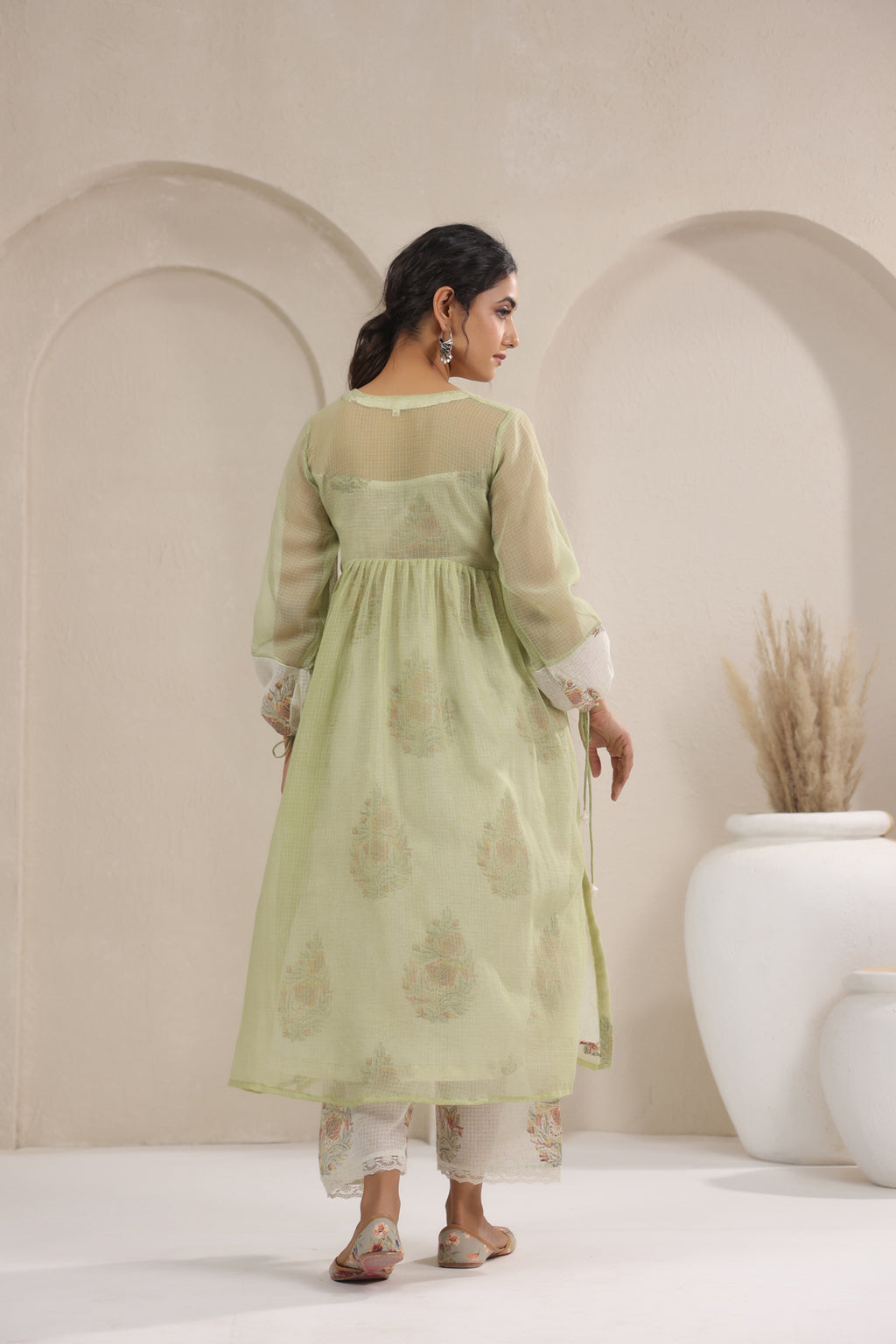 A- Line Kota Doria Kurta With Printed Slip/inner Suit Set Of 2