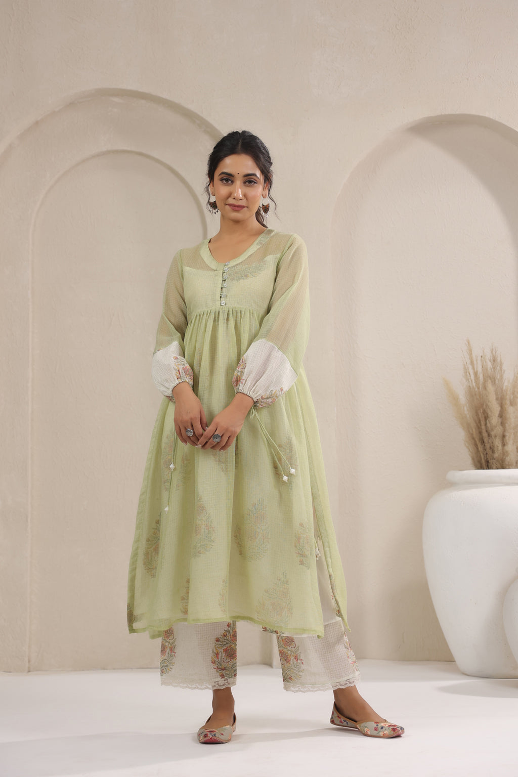 A- Line Kota Doria Kurta With Printed Slip/inner Suit Set Of 3