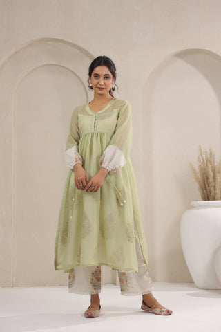 A- Line Kota Doria Kurta With Printed Slip/inner Suit Set Of 2
