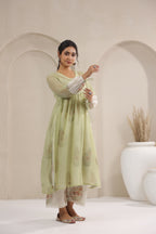 A- Line Kota Doria Kurta With Printed Slip/inner Suit Set Of 2
