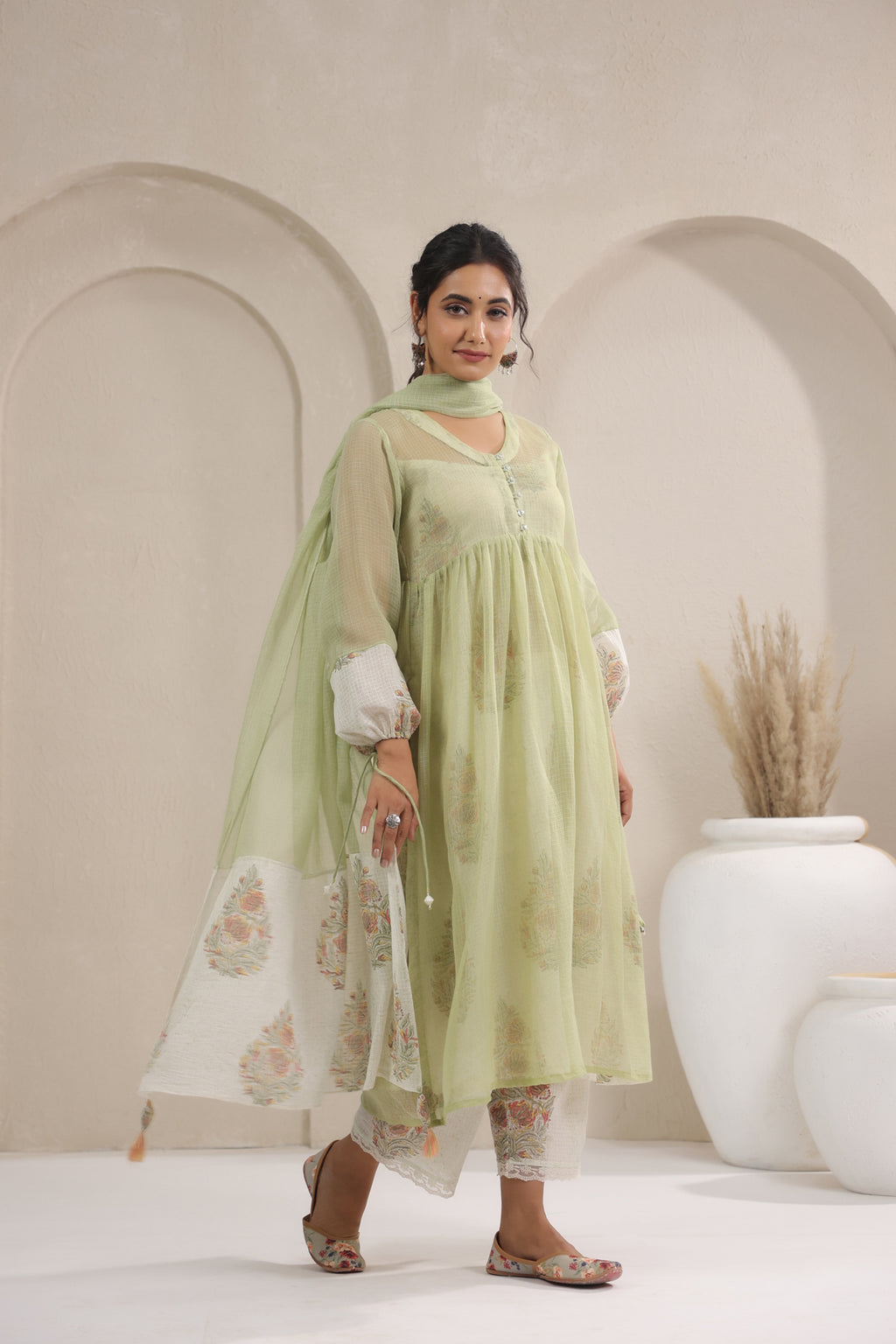 A- Line Kota Doria Kurta With Printed Slip/inner Suit Set Of 3
