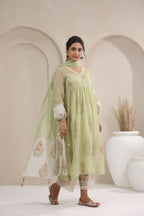A- Line Kota Doria Kurta With Printed Slip/inner Suit Set Of 3