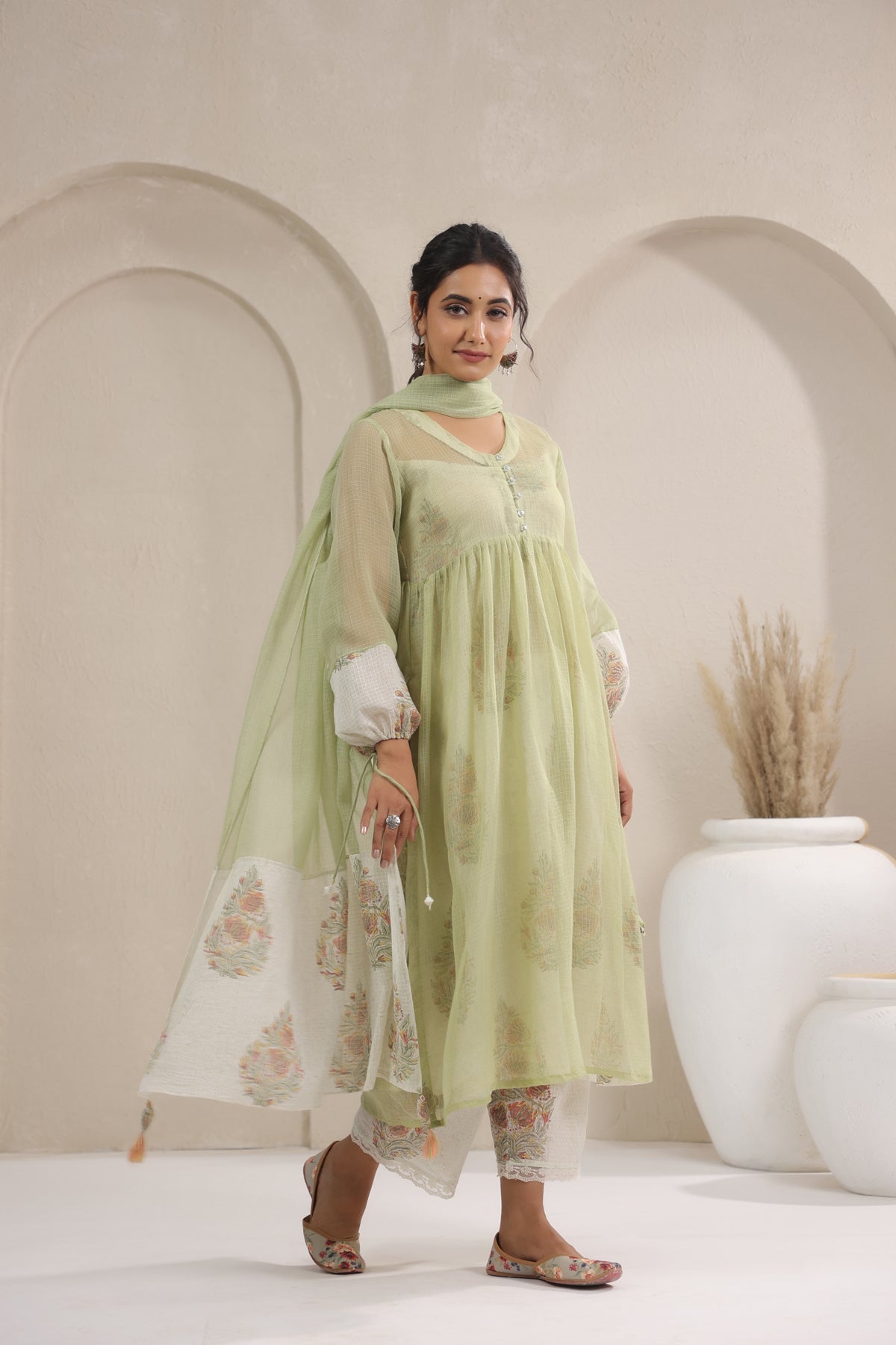 A- Line Kota Doria Kurta With Printed Slip/inner Suit Set Of 3