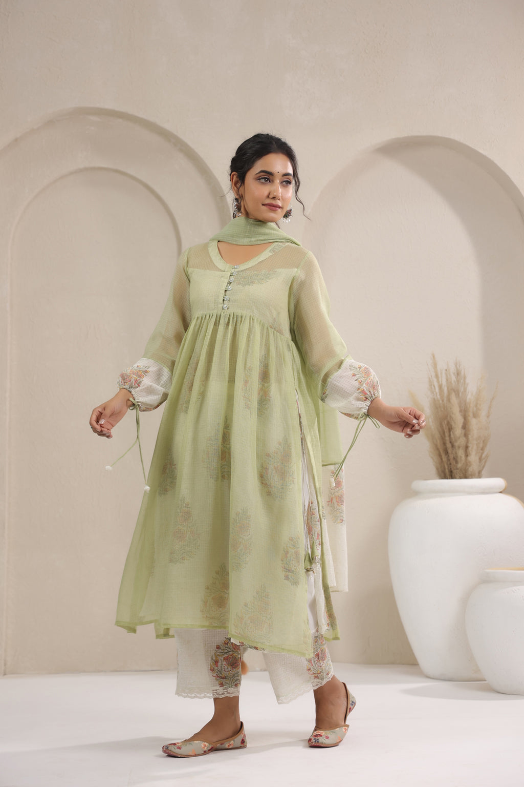 A- Line Kota Doria Kurta With Printed Slip/inner Suit Set Of 2