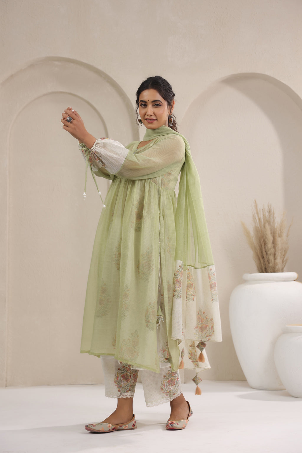 A- Line Kota Doria Kurta With Printed Slip/inner Suit Set Of 3