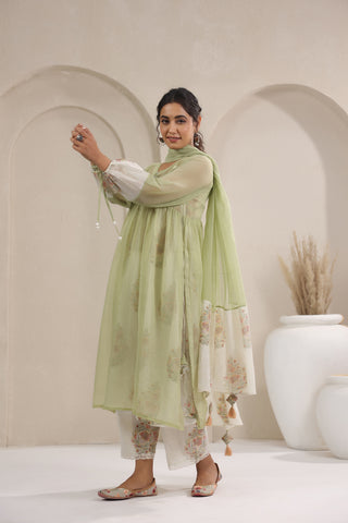 A- Line Kota Doria Kurta With Printed Slip/inner Suit Set Of 2