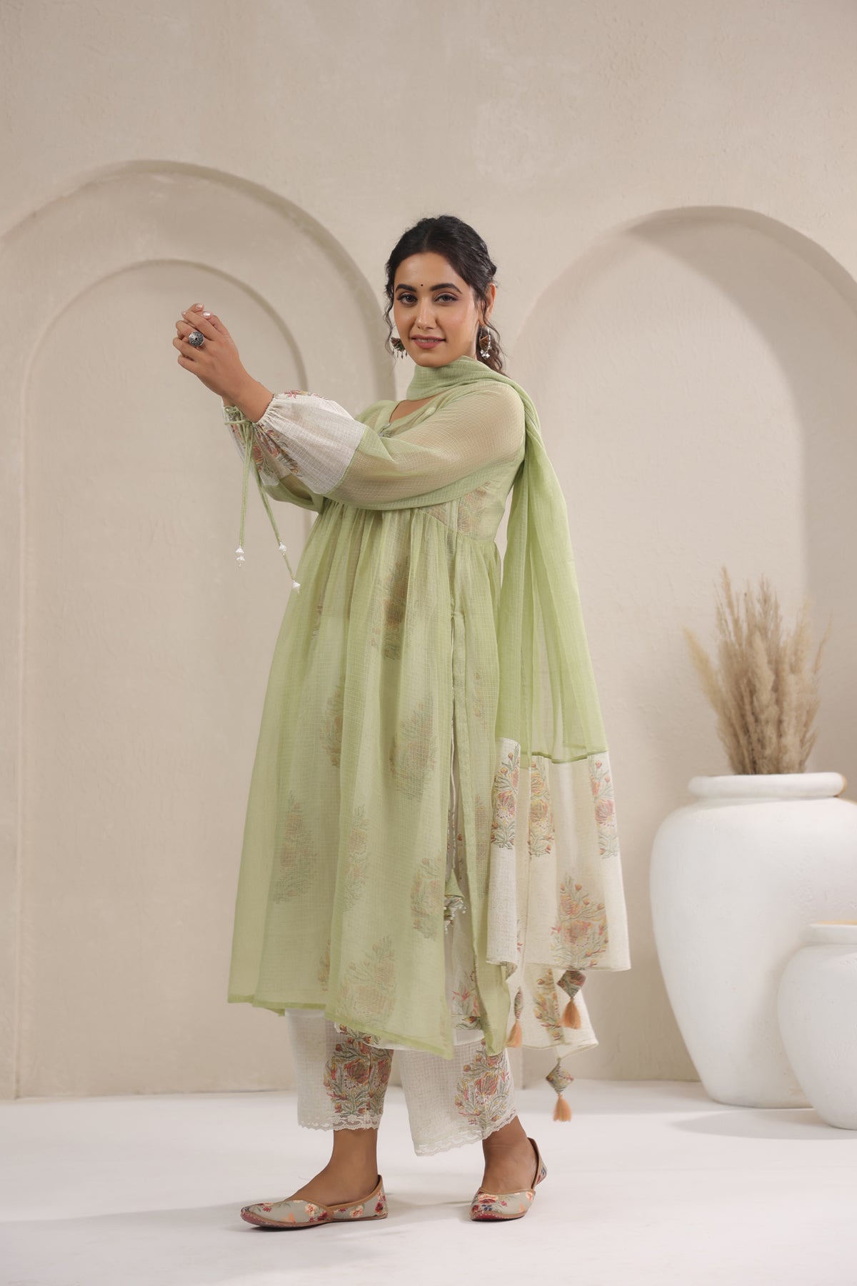 A- Line Kota Doria Kurta With Printed Slip/inner Suit Set Of 2