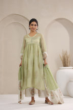 A- Line Kota Doria Kurta With Printed Slip/inner Suit Set Of 3
