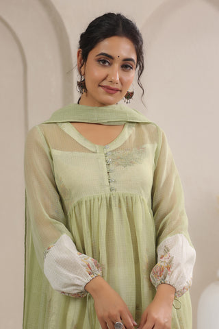 A- Line Kota Doria Kurta With Printed Slip/inner Suit Set Of 2