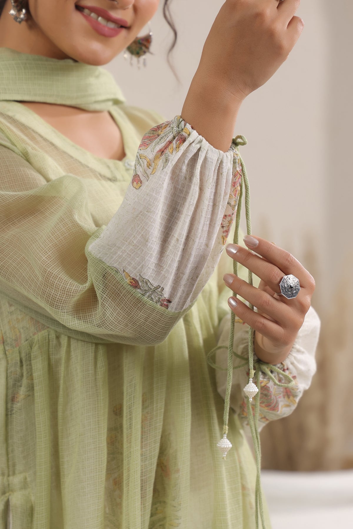 A- Line Kota Doria Kurta With Printed Slip/inner Suit Set Of 2