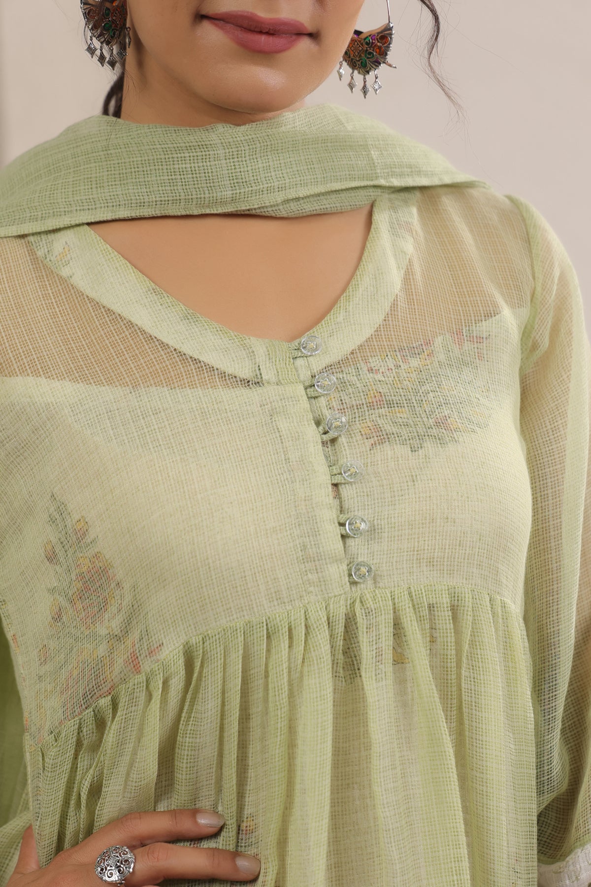 A- Line Kota Doria Kurta With Printed Slip/inner Suit Set Of 3