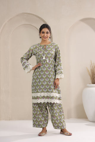 Hand Block Printed Cotton Straight Fit Suit Set Of 3