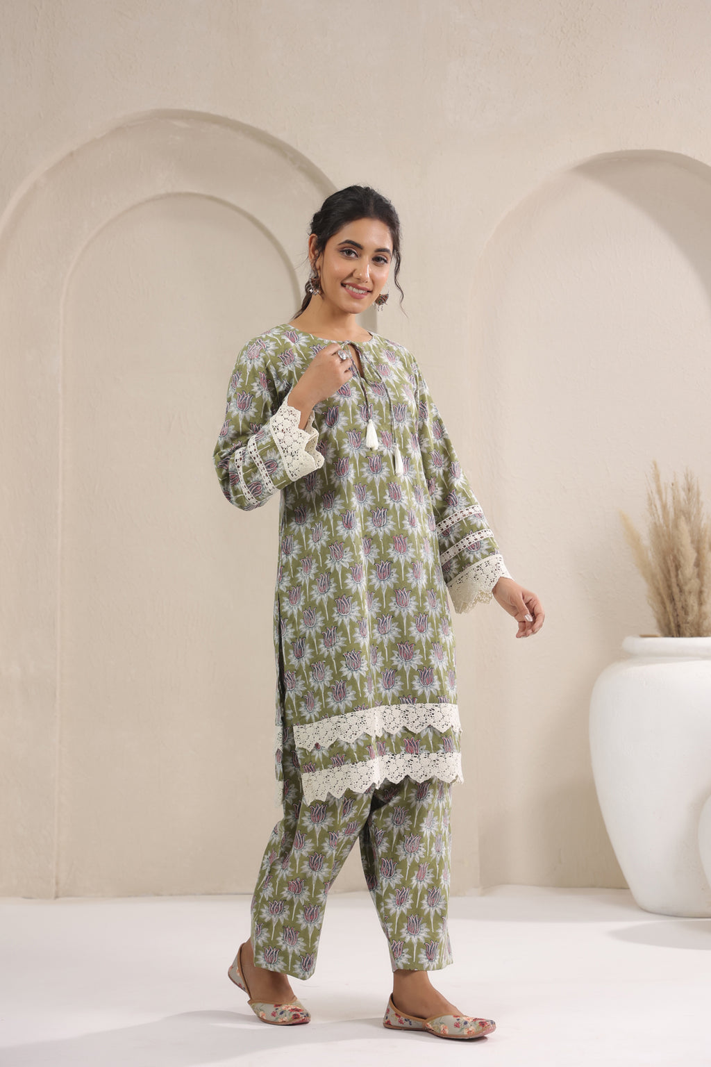 Hand Block Printed Cotton Straight Fit Suit Set Of 3