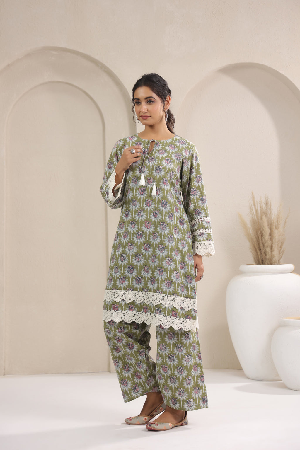 Hand Block Printed Cotton Straight Fit Suit Set Of 3
