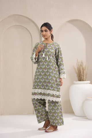 Hand Block Printed Cotton Straight Fit Suit Set Of 3