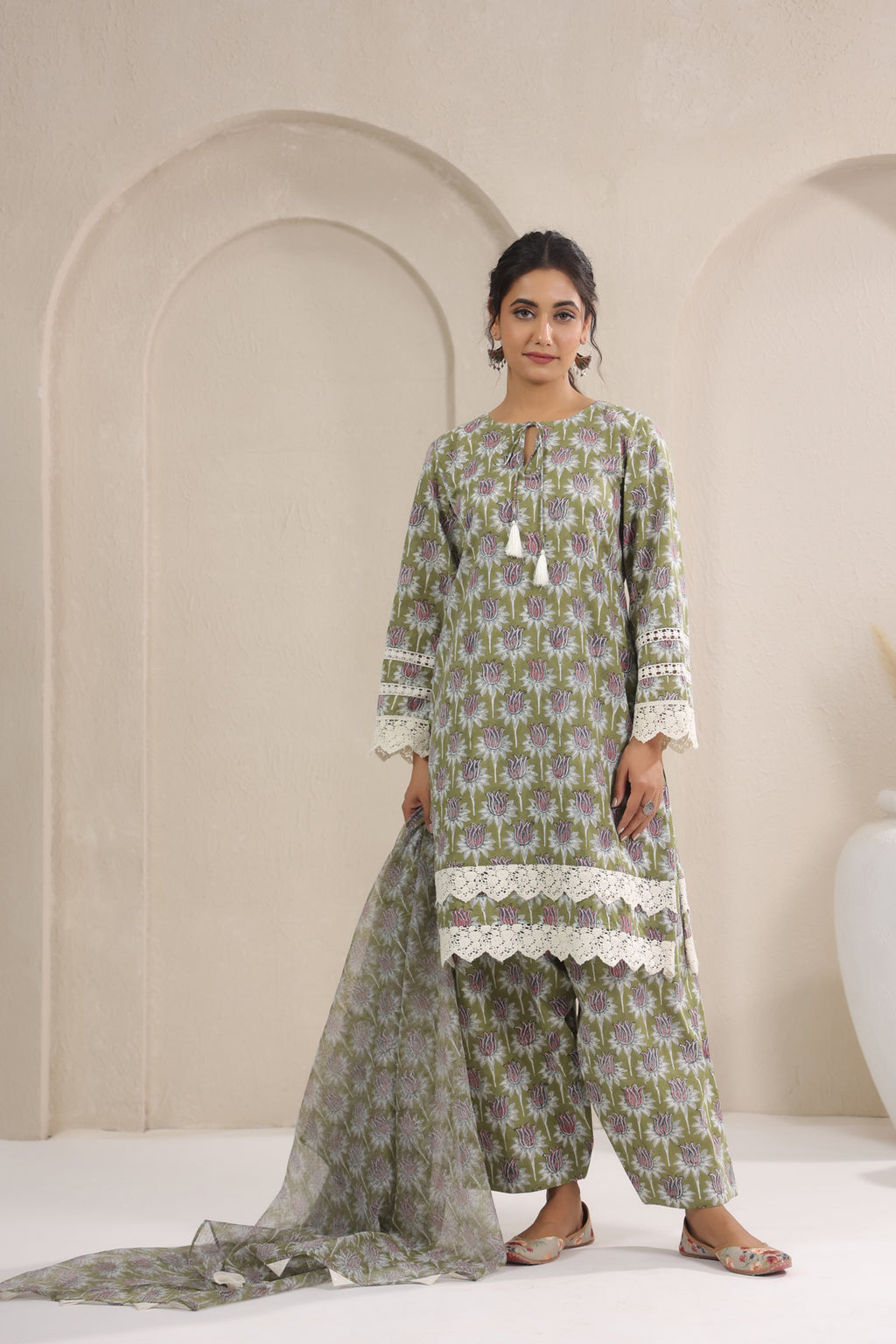 Hand Block Printed Cotton Straight Fit Suit Set Of 3