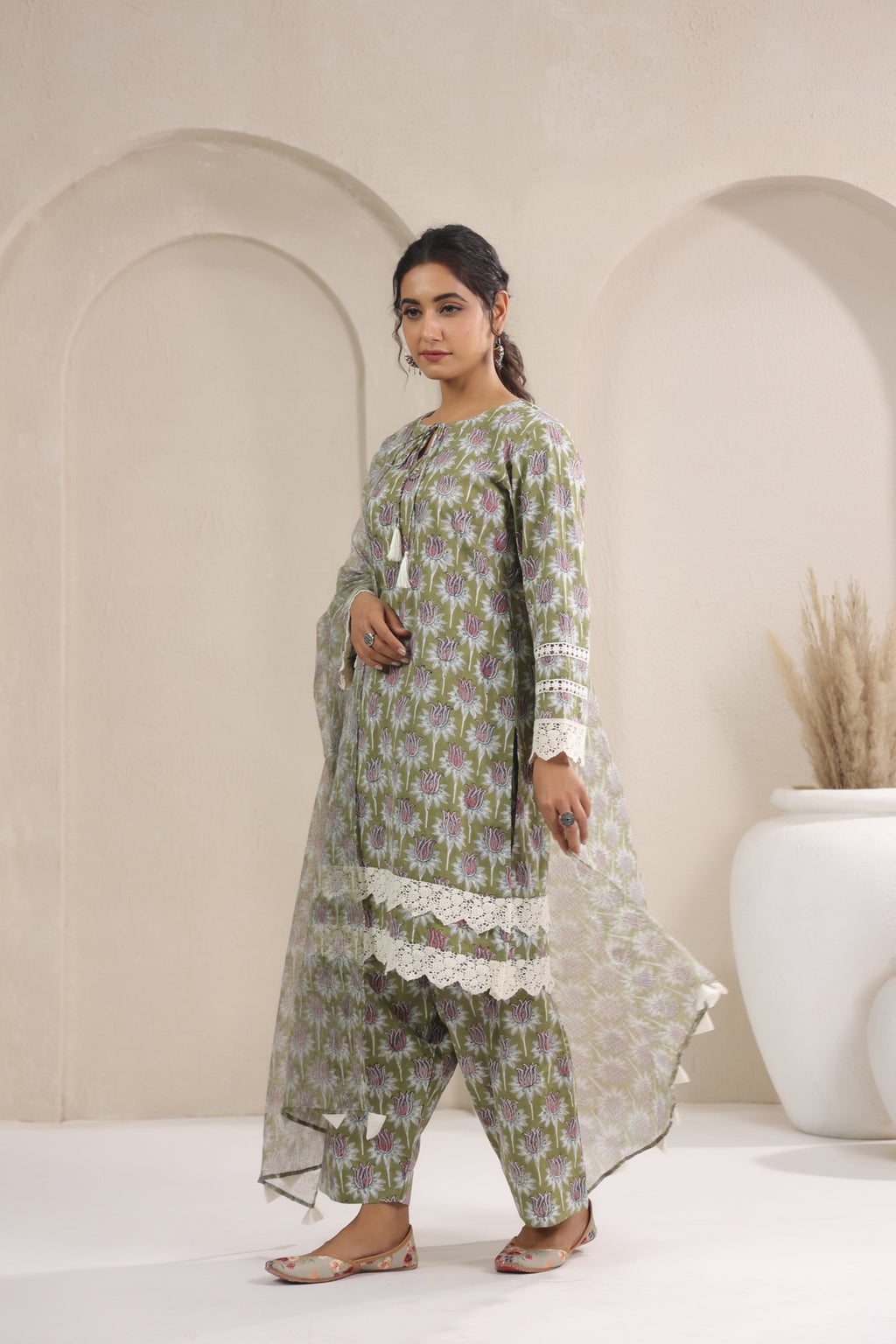 Hand Block Printed Cotton Straight Fit Suit Set Of 3