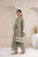 Hand Block Printed Cotton Straight Fit Suit Set Of 3