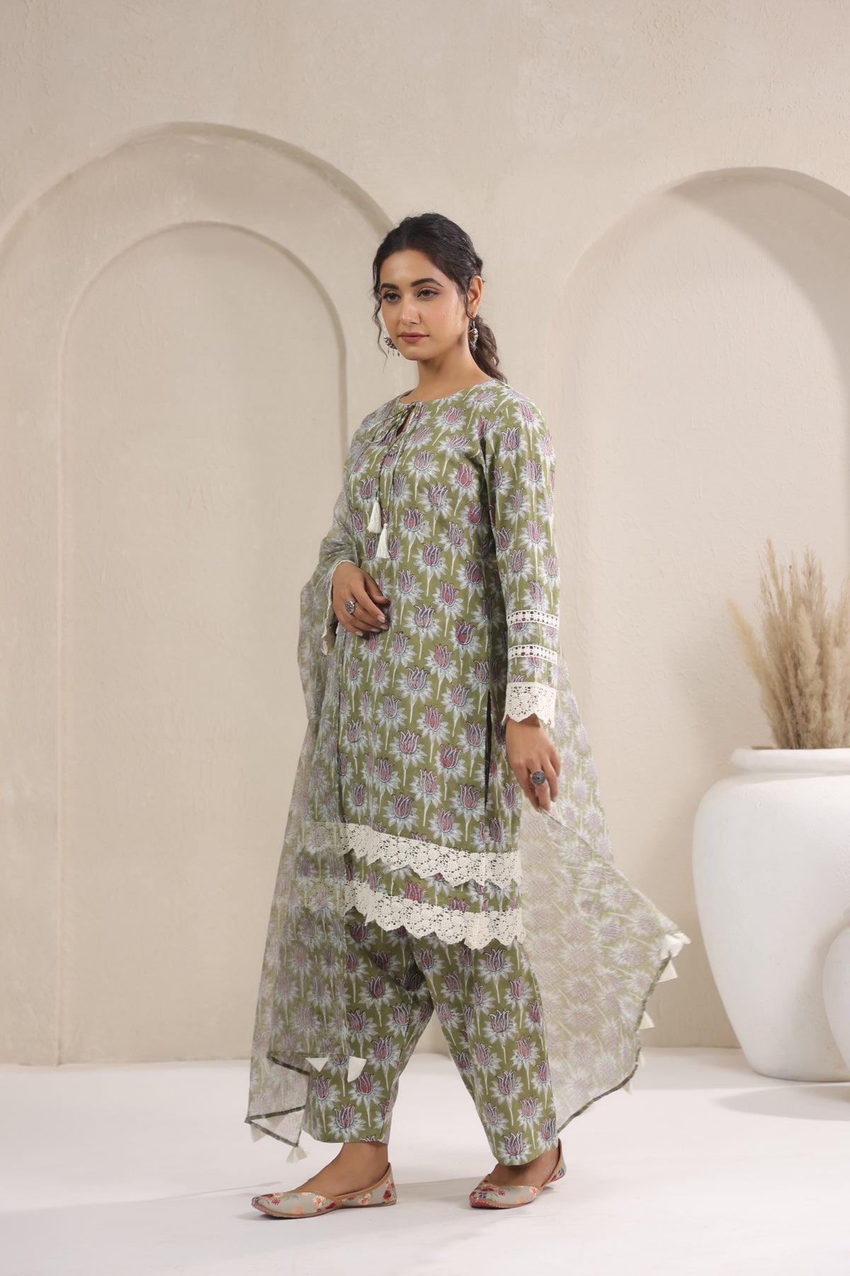 Hand Block Printed Cotton Straight Fit Suit Set Of 3