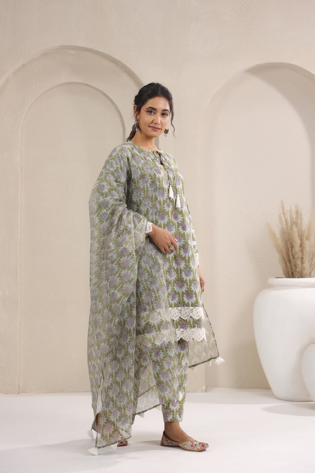 Hand Block Printed Cotton Straight Fit Suit Set Of 3
