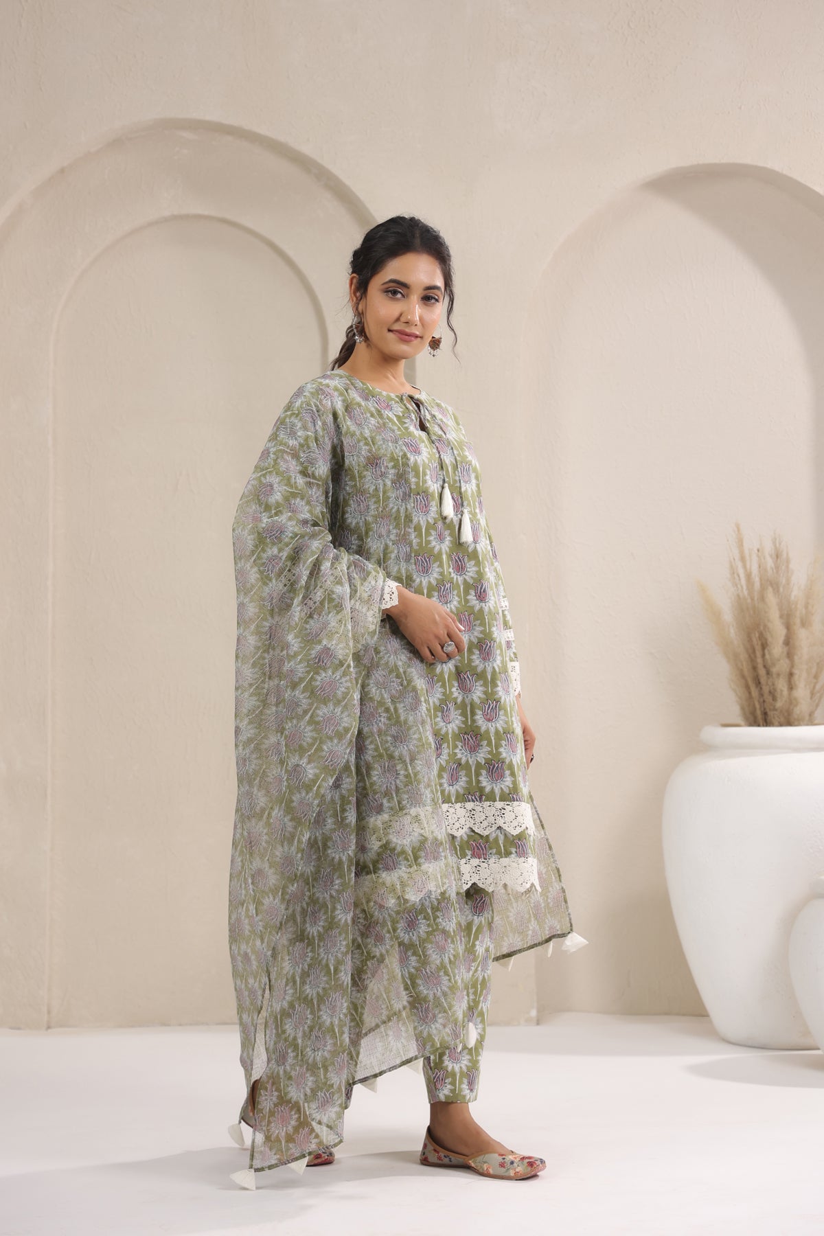 Hand Block Printed Cotton Straight Fit Suit Set Of 3