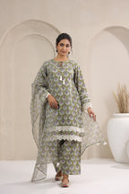 Hand Block Printed Cotton Straight Fit Suit Set Of 3