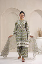 Hand Block Printed Cotton Straight Fit Suit Set Of 3