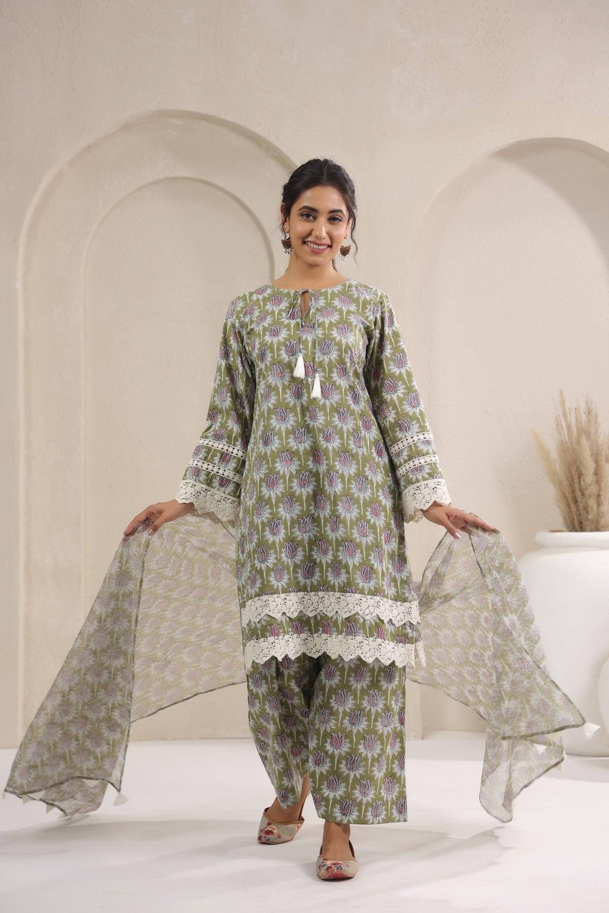 Hand Block Printed Cotton Straight Fit Suit Set Of 3
