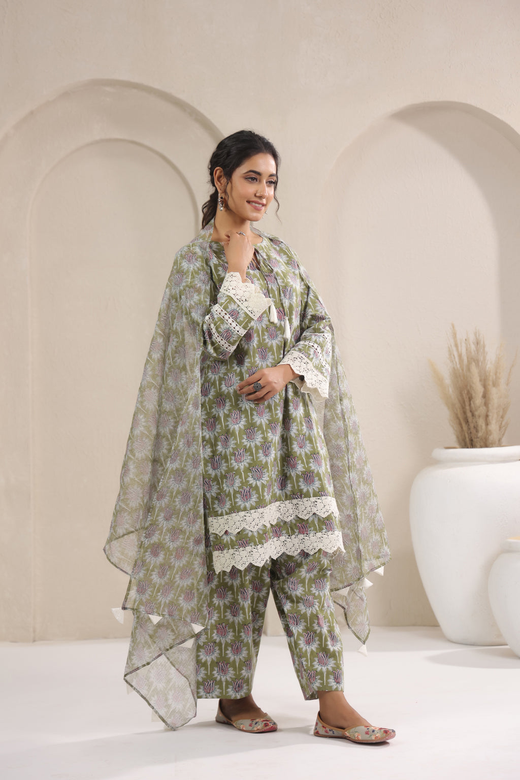 Hand Block Printed Cotton Straight Fit Suit Set Of 3