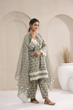 Hand Block Printed Cotton Straight Fit Suit Set Of 3