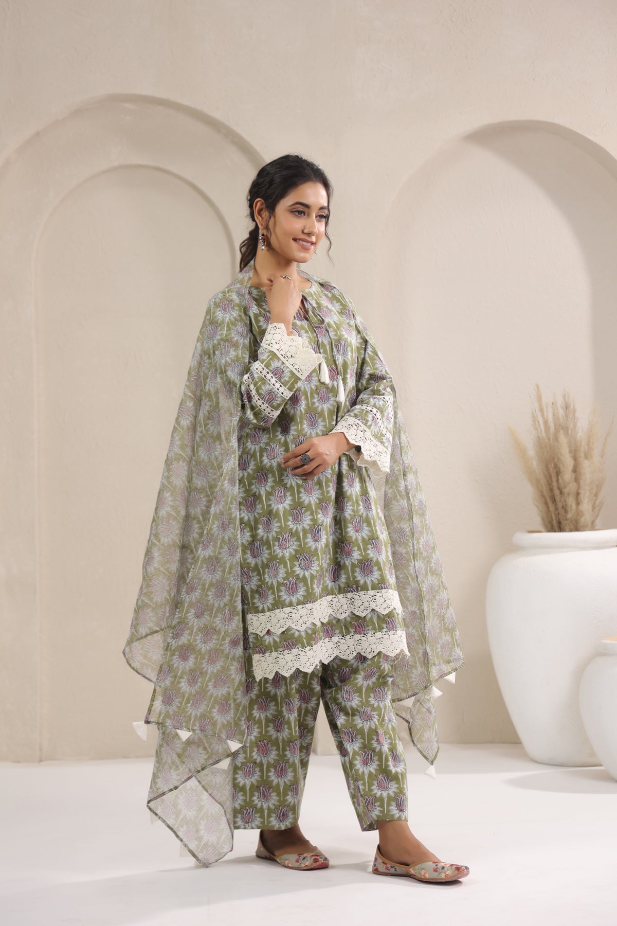 Hand Block Printed Cotton Straight Fit Suit Set Of 3