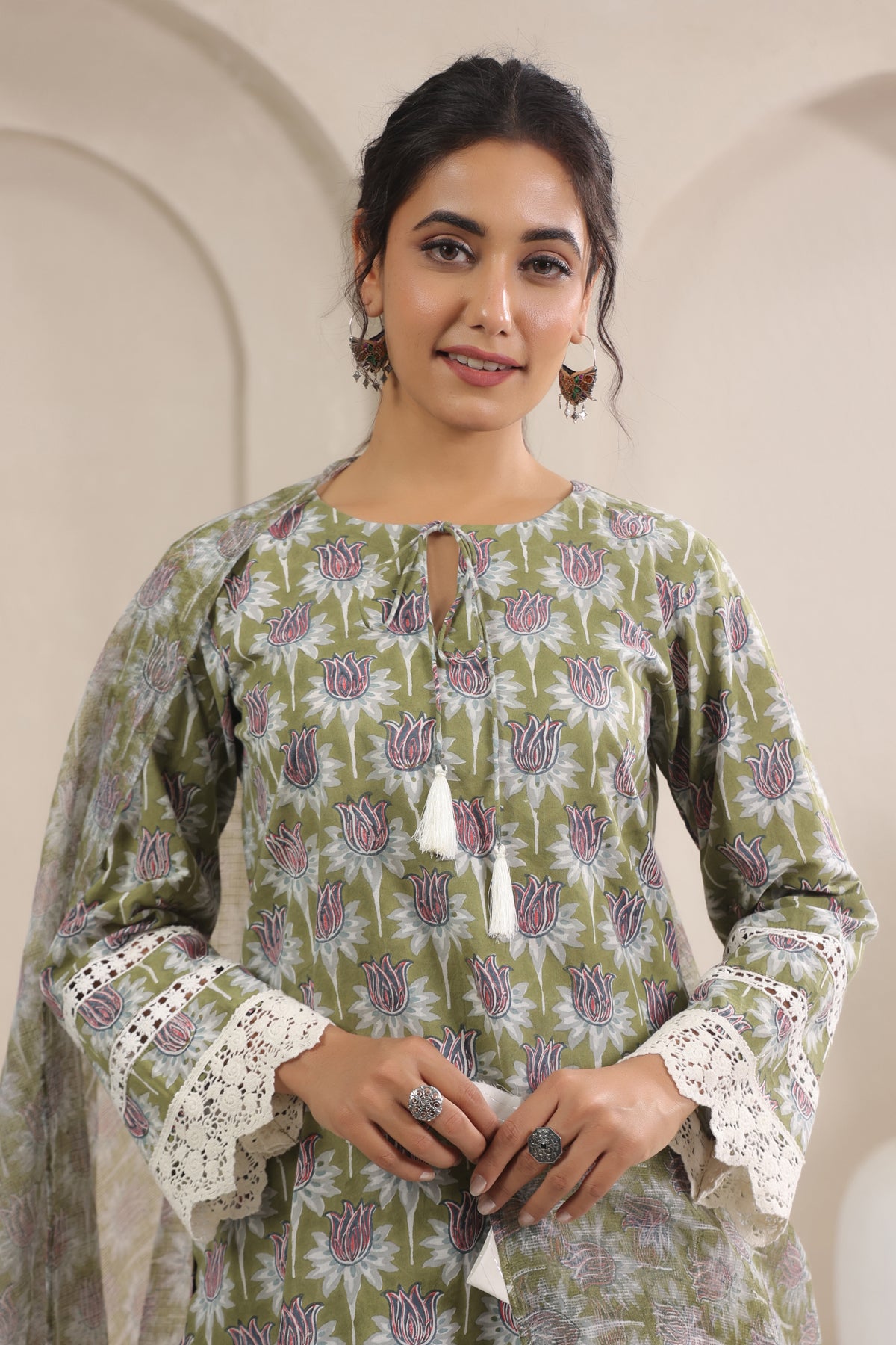 Hand Block Printed Cotton Straight Fit Suit Set Of 3